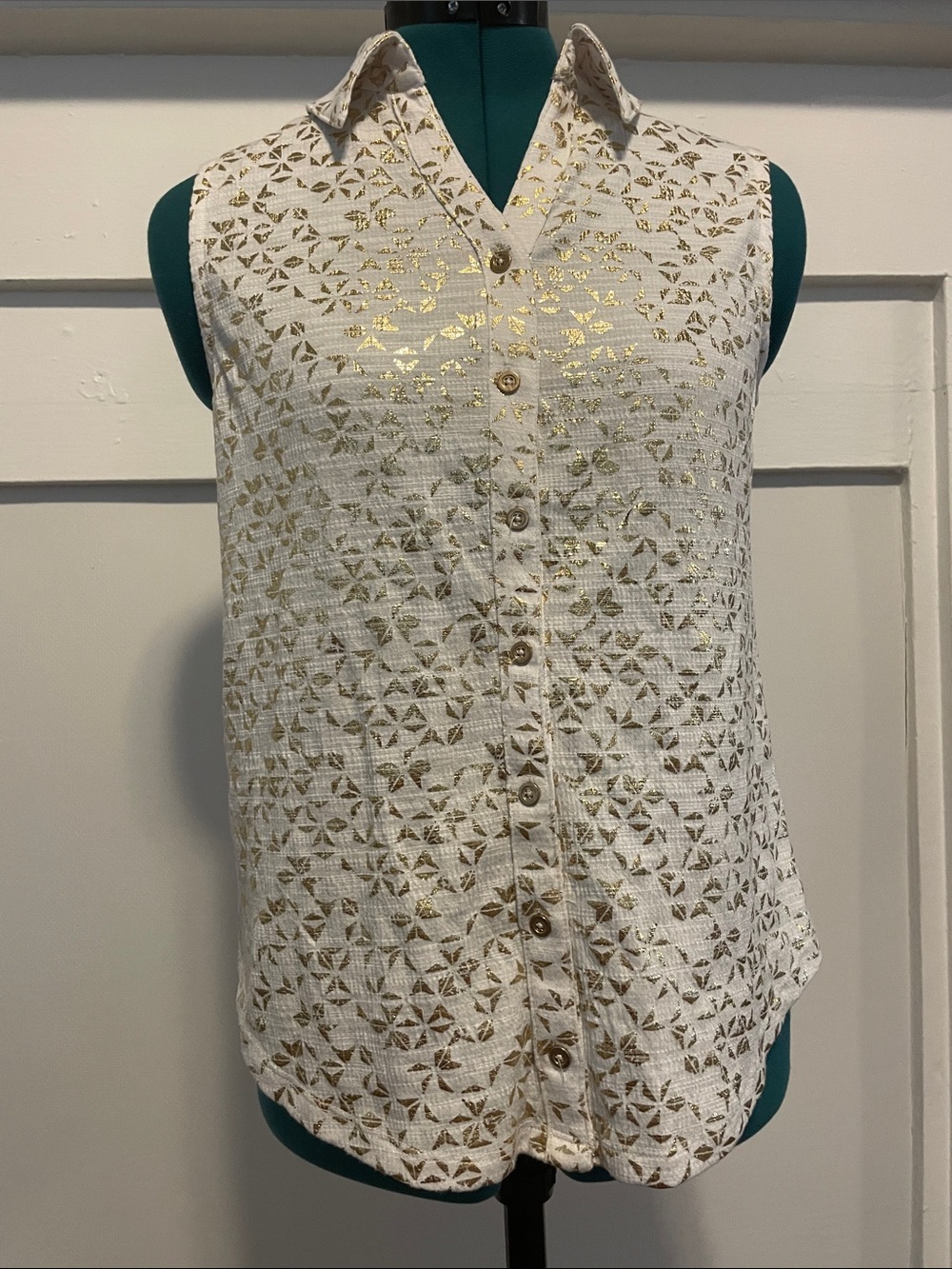 Sleeveless White Blouse with Gold Foil Print